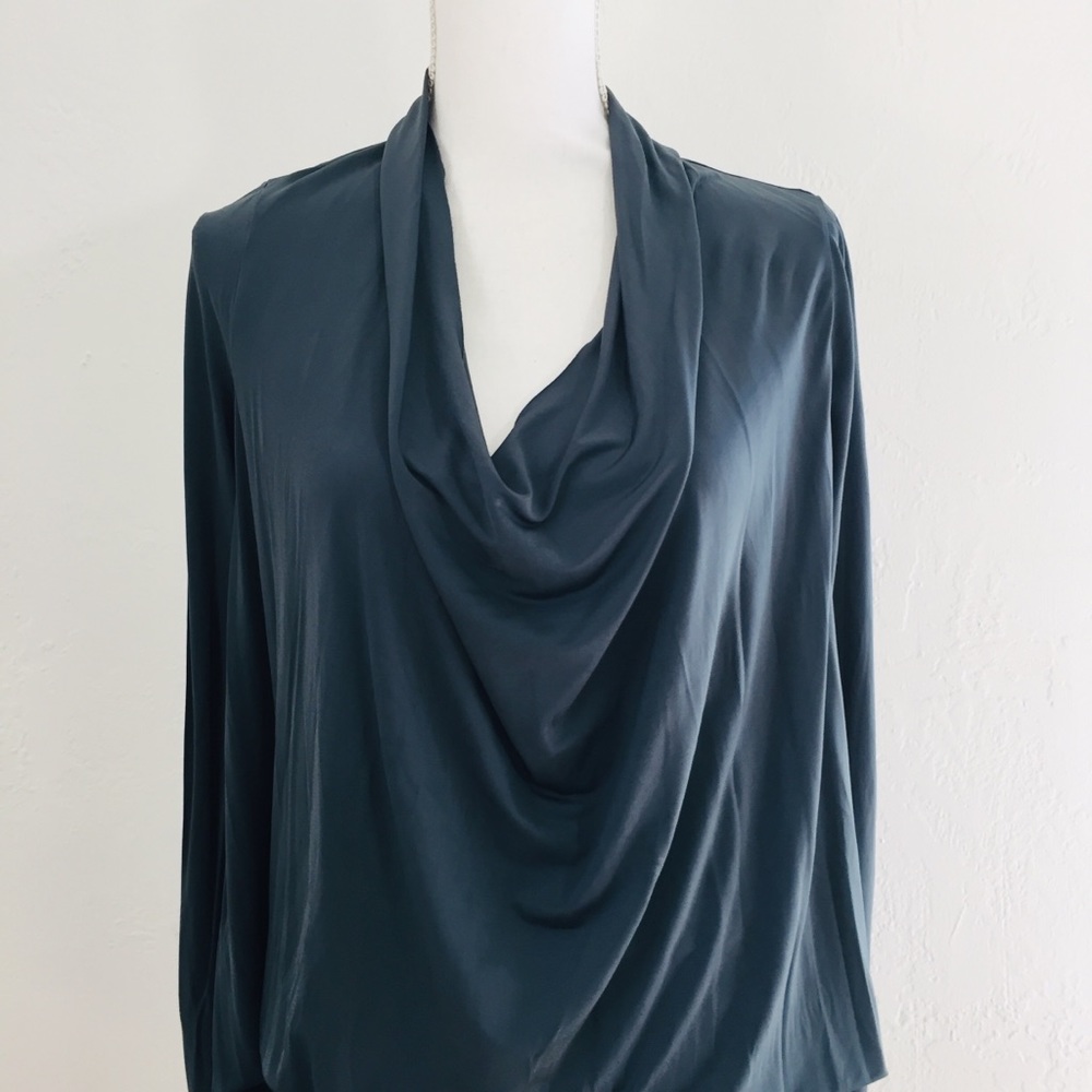 AllSaints Draped Long-Sleeve Mini Dress in Deep Teal and also available in Black - Picture 3 of 8